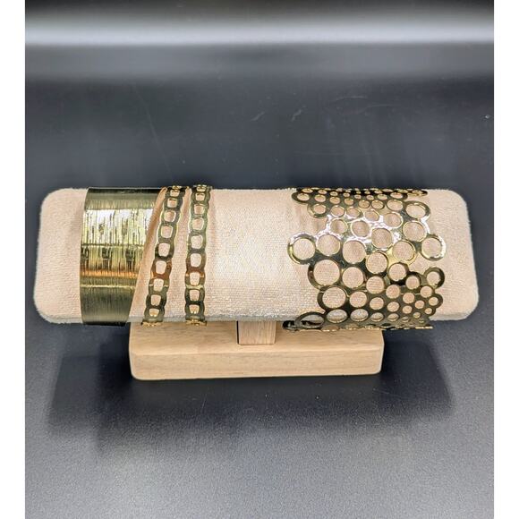 Authentic Vintage Paco Rabanne Gold Cut-Out Bubble Cuff + Modern Geo Cuff Set - Picture 1 of 4